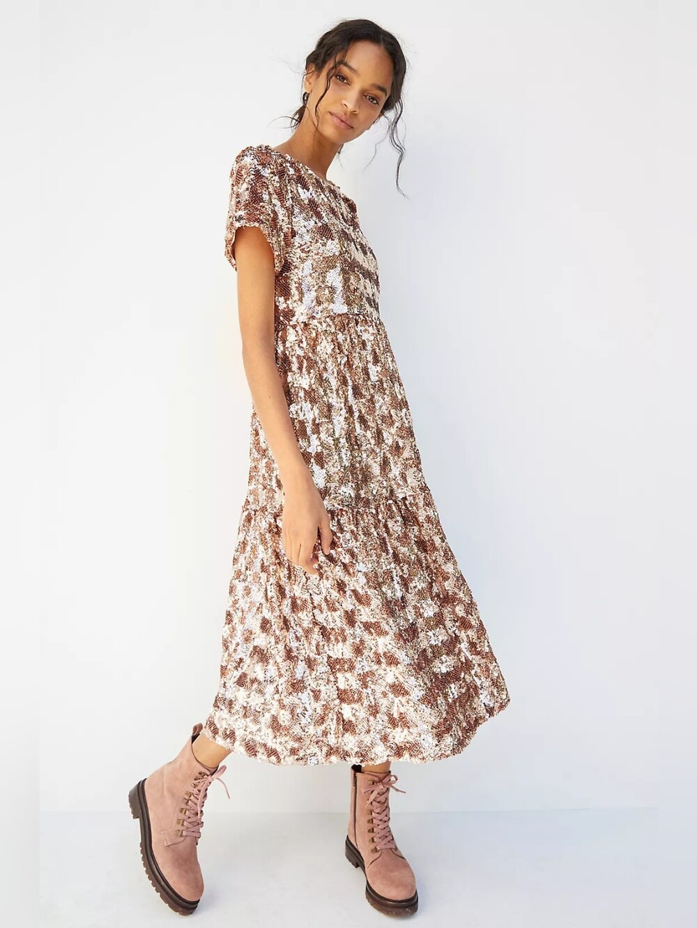 Maeve Anthropologie Bernadette Rose Gold Sequined Midi Dress In Small